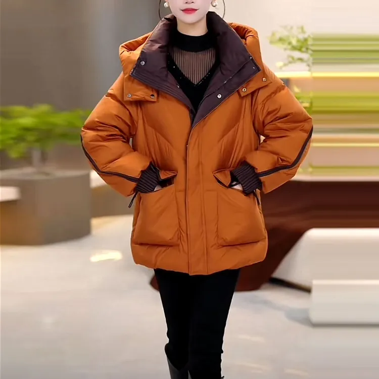 时尚加厚连帽短款女士羽绒服2025冬季新款宽松遮肉气质白鸭绒外套