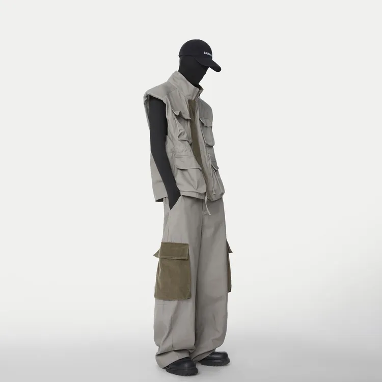 FANGWANG美式复古拼接做旧水洗工装套装阔肩立领马甲宽松弯刀长裤