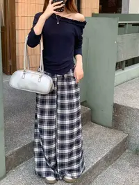 衣凡8530时髦百搭抽绳格子高腰宽松显瘦阔腿休闲套装