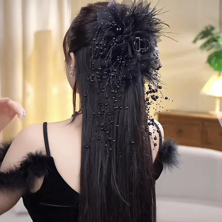 高级感永夜星河新款羽毛珠珠抓夹清新森系鲨夹百搭显发量女发夹