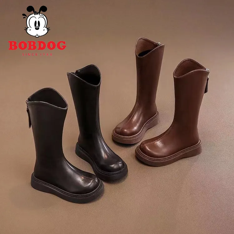 巴布豆女童靴子儿童长筒长靴2025新款秋冬季女加绒马丁皮靴黑色