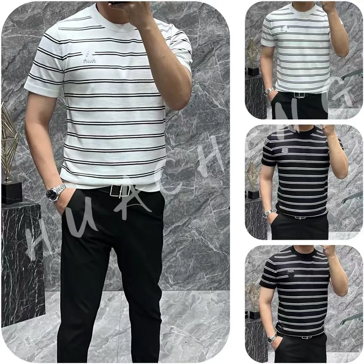 【HUACHENG】2026早春百搭男士简约时尚经典织花条纹舒适短袖6667