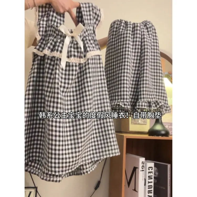 吊带胸垫睡衣女夏季小飞袖套装2025新款可爱外出公主风家居服格子