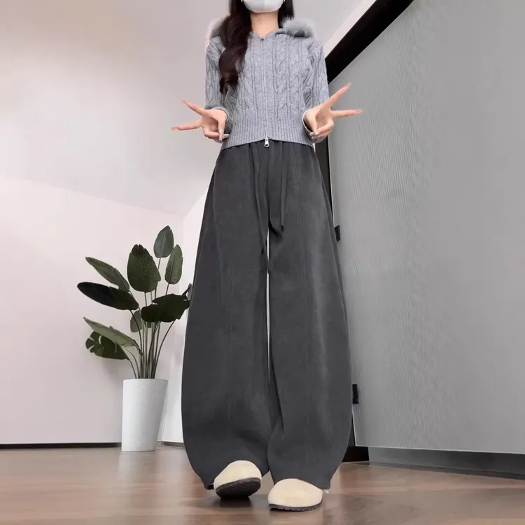慵懒风黑灰色阔腿休闲裤大码女装秋冬宽松显瘦垂感加绒加厚弯刀裤
