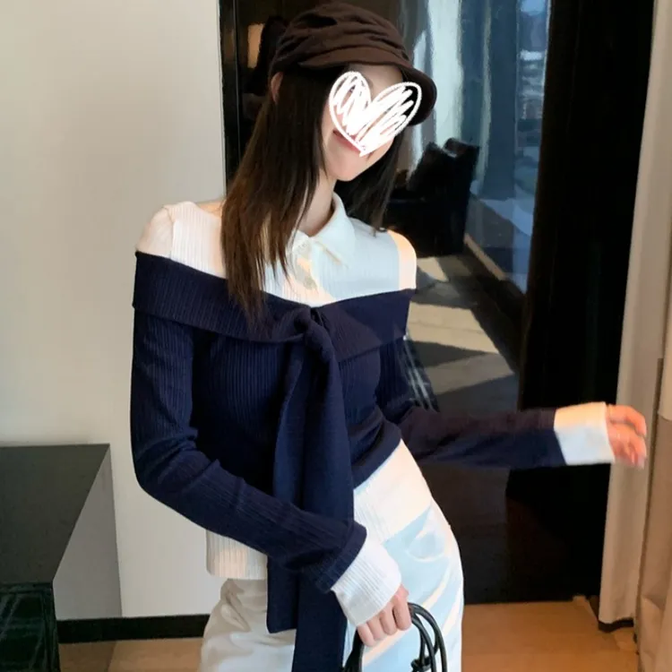 秋季新款韩版气质小众假两件长袖T恤藏蓝色拼白绑带肌理感女上衣