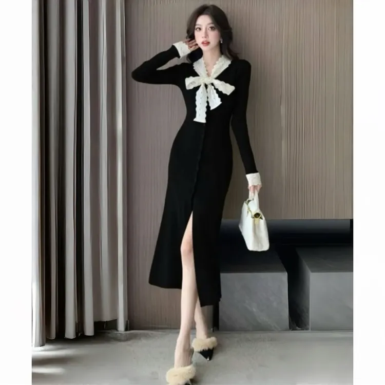 装韩版蝴蝶结蕾丝v领撞色修身连衣裙女秋季高贵上档次开衫长裙