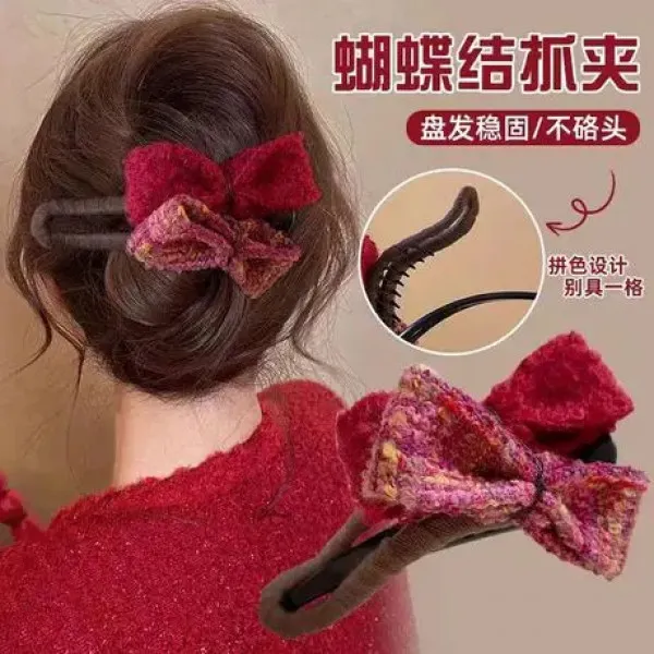 小香风蝴蝶结毛绒发夹女丸子夹发夹2024新款后脑勺抓夹大号发饰