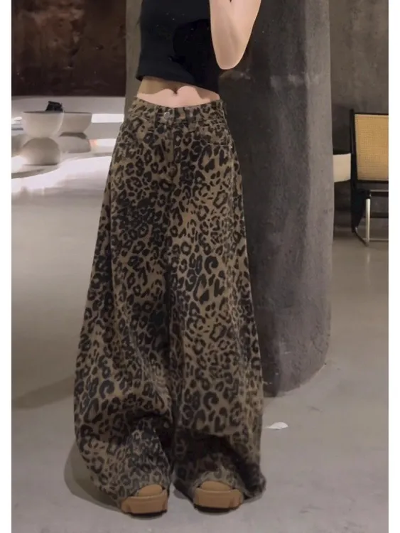 美式复古豹纹阔腿牛仔裤女夏薄款2025新款高街显瘦宽松直筒拖地裤