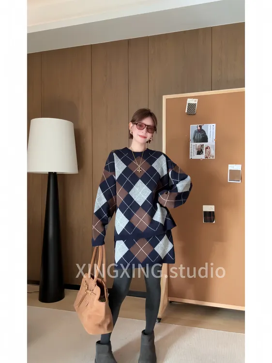 X.x.老钱风菱格针织两件套女宽松韩版毛衣半身裙套装潮400