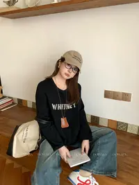 现货1092X大婉酱肉肉微胖定制【珍珠画家T】棉感罗纹领泡珠字母上衣