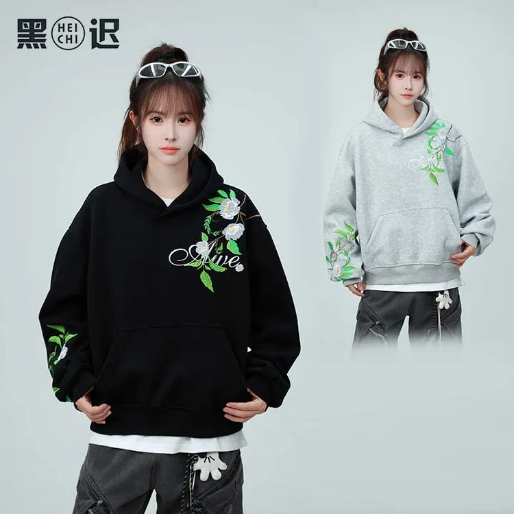 2025年秋季新款美式潮牌百搭宽松花卉刺绣套头上衣连帽卫衣男女
