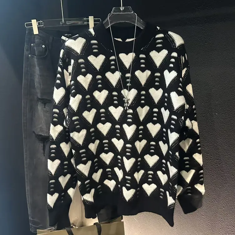 冬季韩系黑白简约ins爱心镂空针织衫毛衣