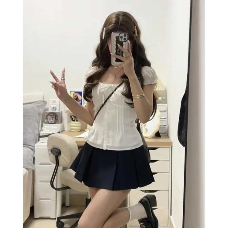 自留爆款推荐~夏季新款法式褶皱白色衬衫百褶半身裙套装女两件套