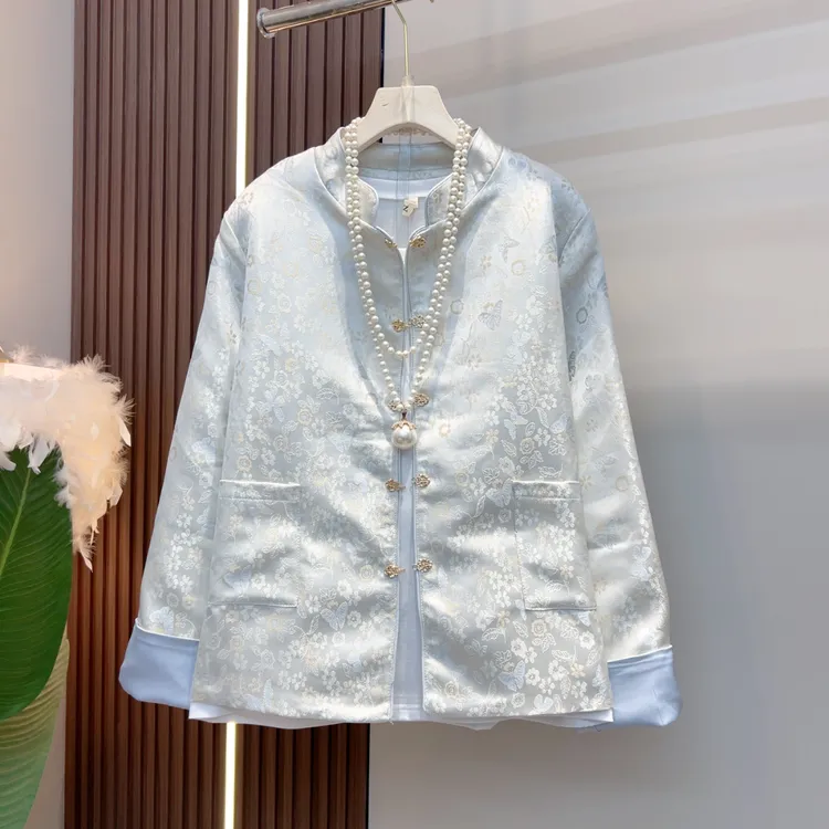 时尚拼接长袖女短外套印花设计新中式中式唐装气质宽松型