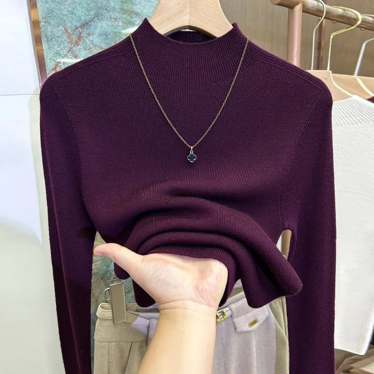 法式暗雅紫色半高领洋气修身针织打底衫女秋冬高级感羊毛无缝毛衣