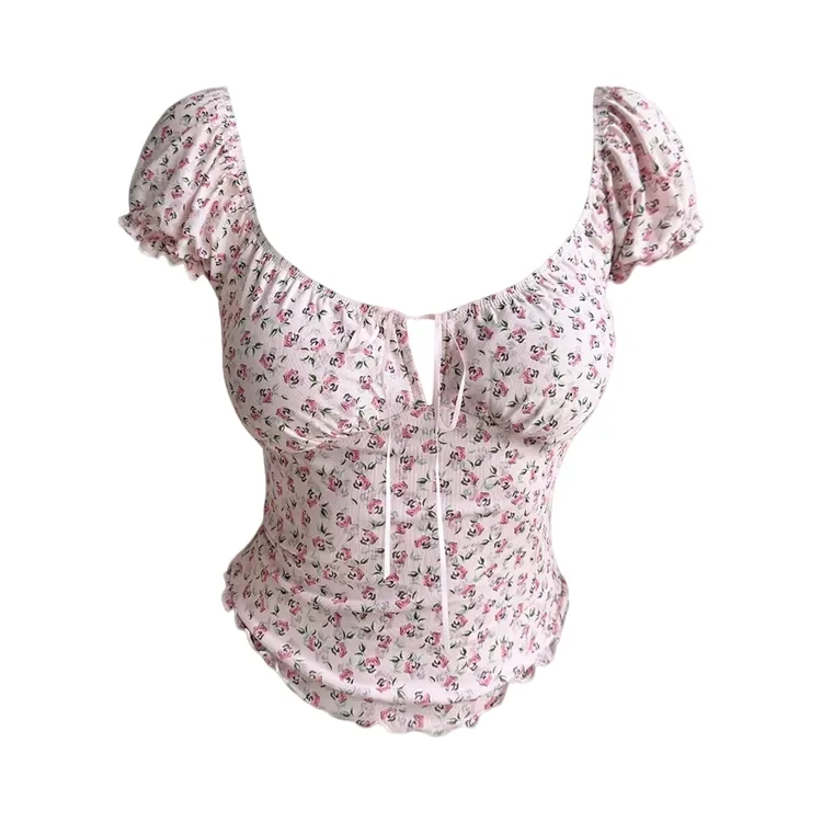 大码胖MM欧美性感风系带镂空碎花泡泡袖T恤女夏季修身短袖短上衣