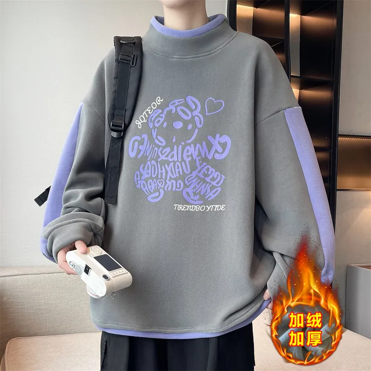 加绒加厚卫衣男半高领奥粒绒冬季青少年初高中学生内搭保暖打底衫