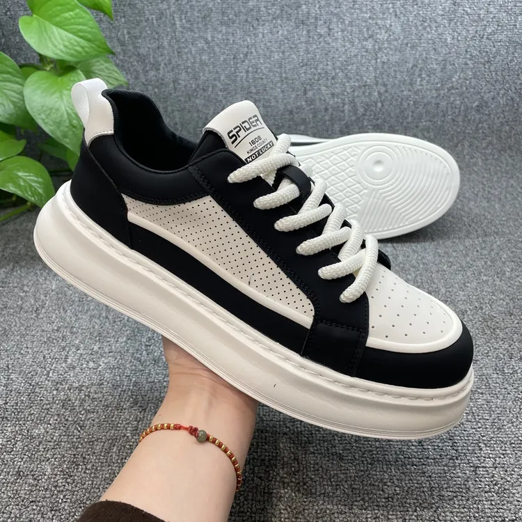 韩版打孔透气小白鞋潮流板鞋时尚百搭休闲鞋厚底男士真皮低帮潮鞋