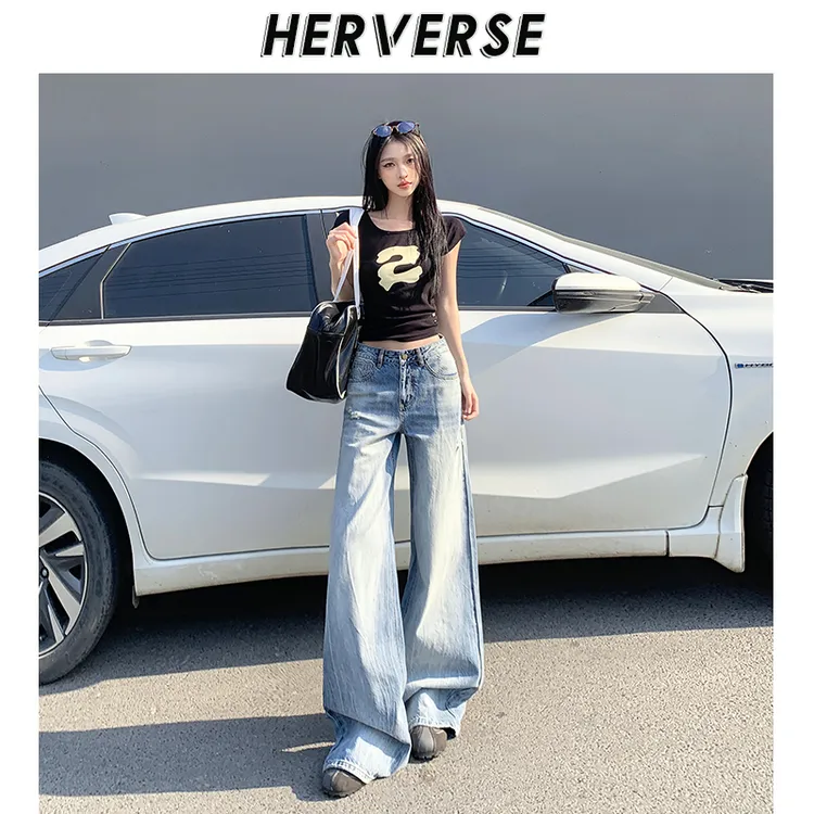2025开春新款韩系时尚破洞阔腿裤女设计感百搭宽松显瘦牛仔长裤