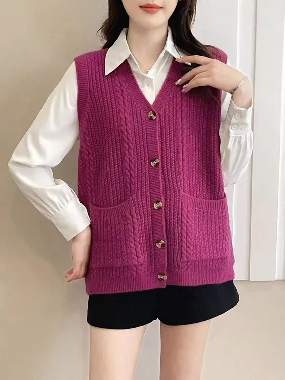 纯色中老年常规款针织纽扣马甲厚款百搭马夹春秋季时尚百搭休闲