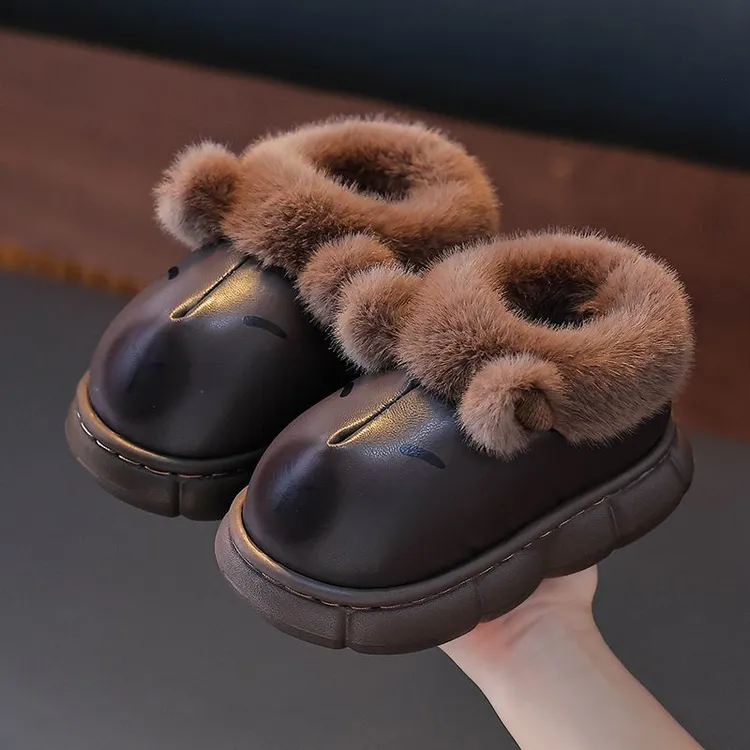 卡皮巴拉儿童棉拖鞋冬季男童EVA室内皮面防水中大童小孩宝宝棉鞋