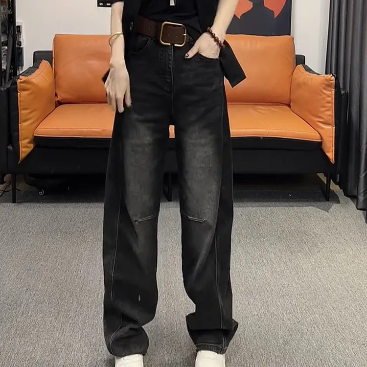 梨形身材微胖穿搭大码宽松阔腿牛仔裤子女弯刀香蕉裤2025年春季