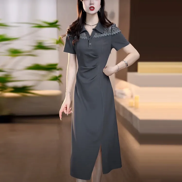 棉感精纺2025夏季新款高级感女装洋气时髦气质中长款开叉连衣裙子