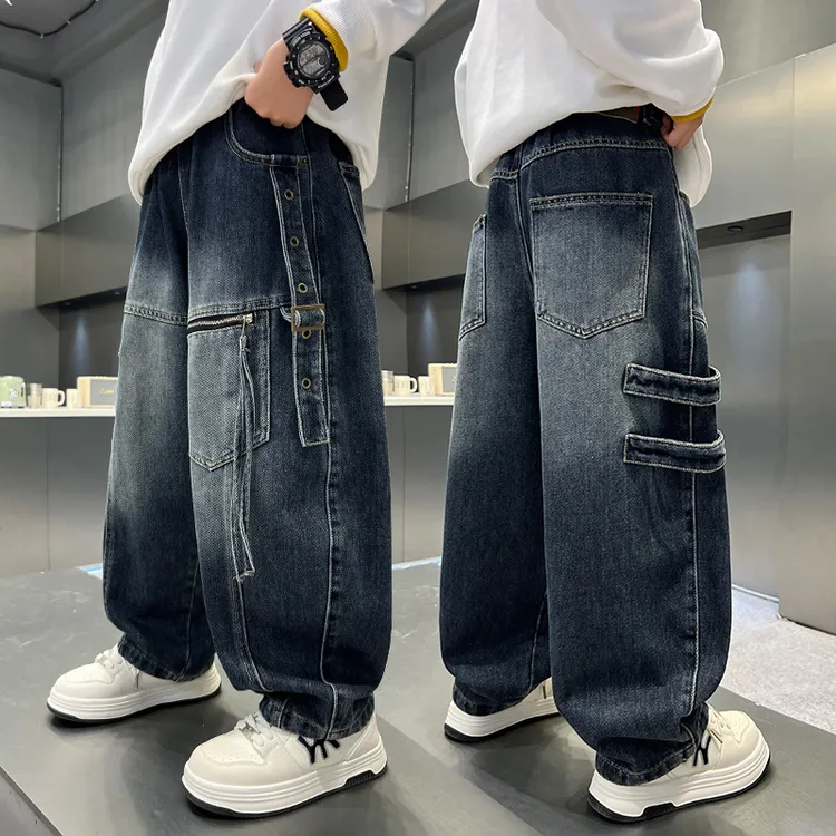 男童秋季裤子2025新款大童春秋款宽松男孩秋装儿童工装牛仔裤帅气