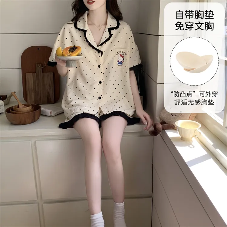 学院风青少年自带胸垫夏季简约显白短袖睡衣夏季薄款家居服可外出