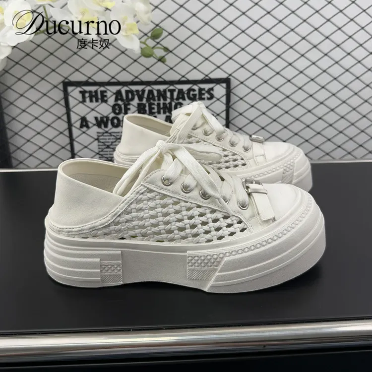 做旧擦色编织小白鞋女夏季镂空透气厚底板鞋2025新款百搭运动休闲