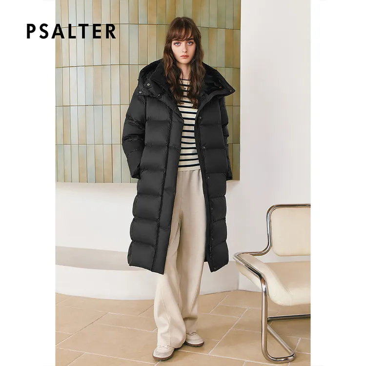 【新国标90鹅绒】诗篇时尚连帽保暖内领拼接丝绒长款羽绒服2025冬