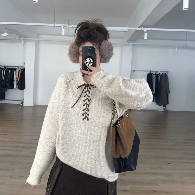 晶咕软软【极简软糯】韩系减龄少女感绑带半开领针织毛衣