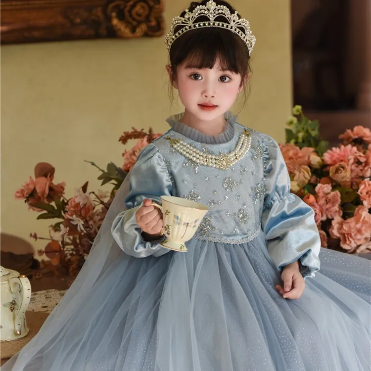 女童加绒加厚高端艾莎爱莎披风冰雪奇缘公主裙纱裙洋气长裙