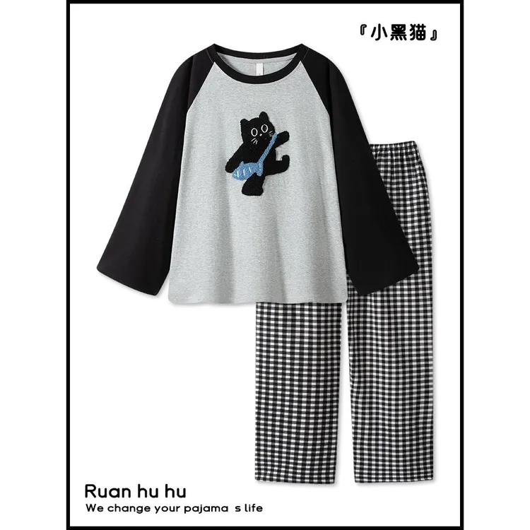 2025新款春秋套头睡衣女纯棉长袖格子裤套装可爱小猫情侣家居服男