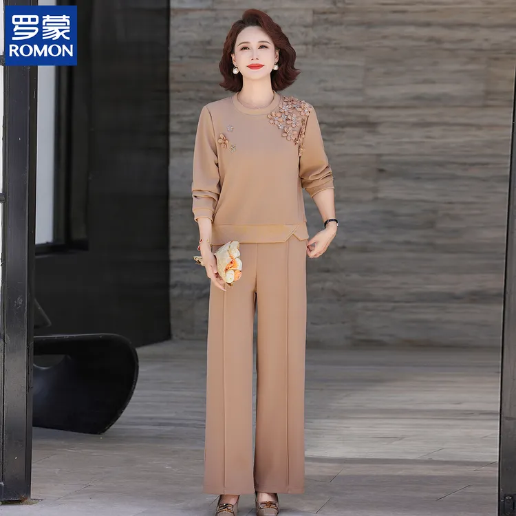 罗蒙妈妈装秋季休闲两件套2025新款中年高档上衣中老年女气质套装