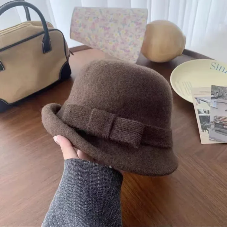 法式圆顶蝴蝶结礼帽时尚百搭渔夫帽保暖纯羊毛帽子加厚针织