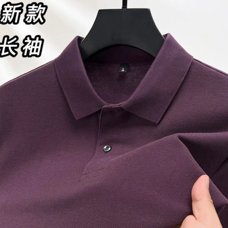 秋冬新款纯棉男士长袖T恤翻领纯色POLO衫宽松休闲男装上衣打底衫