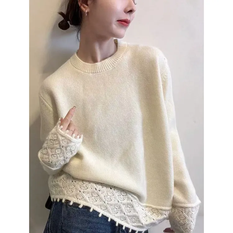 白色针织衫女士秋冬新款高级感减龄宽松显瘦镂空钩花内搭毛衣上衣