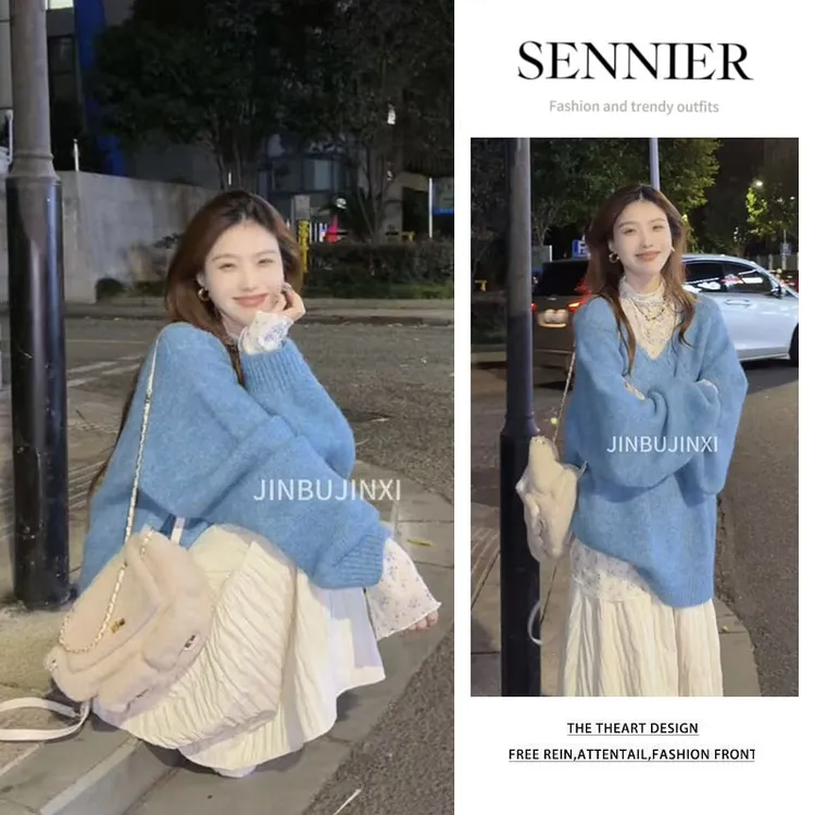 秋冬穿搭女2025新款宽松长袖针织衫半高领打底显瘦半身裙三件套装