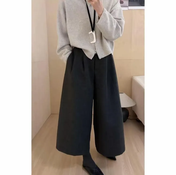 2025新款阔腿八分裤纯色厚款慵懒风拼接休闲裤女装秋季裤子显瘦