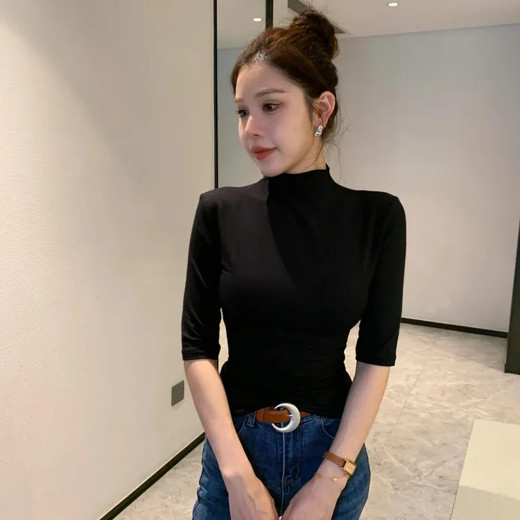 春秋半高领中袖打底衫女2024新款大码内搭修身五分袖气质百搭上衣