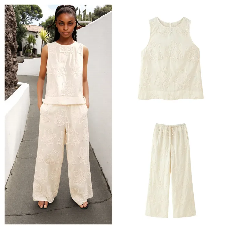 za欧美风女装新款休闲套装无袖刺绣上衣+刺绣睡衣风格裤子夏季