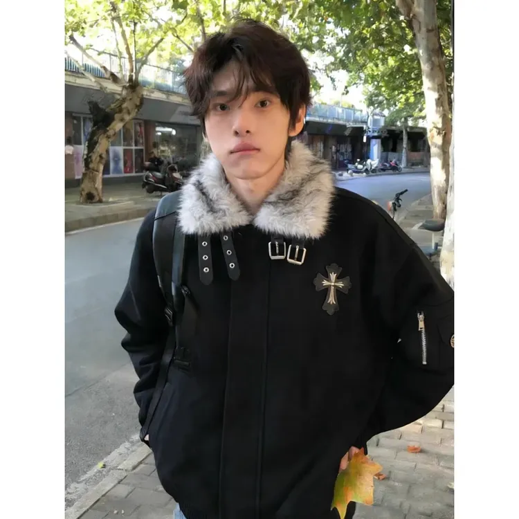 潮牌十字架设计毛领座山雕男款秋冬美式保暖上衣重磅痞帅夹克棉服