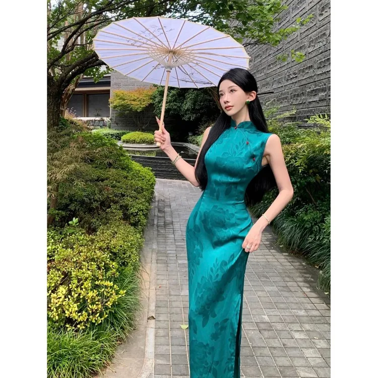 绿孔雀蓝显白复古港风印花提花修身连衣旗袍立领盘扣中式无袖长裙