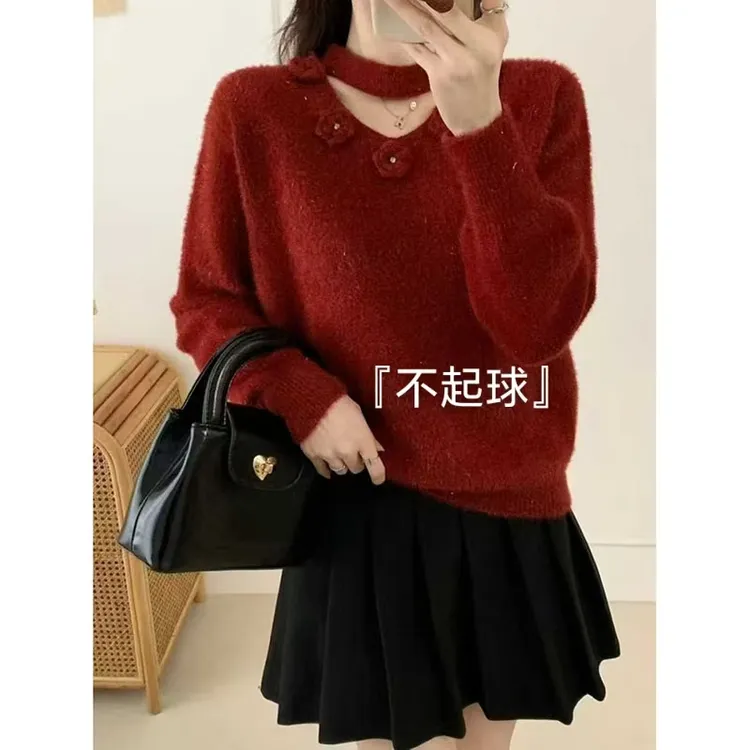 不起球系列～温柔氛围感花朵秋冬高级针织衫加厚套头毛衣女