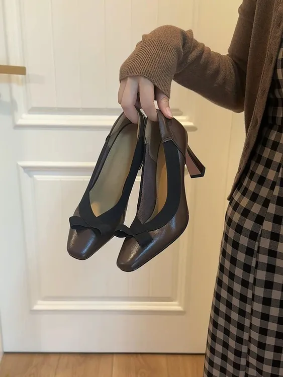 森唔~蝴蝶结单鞋女粗跟一脚蹬黑色不累脚方头高跟鞋少女感芭蕾鞋