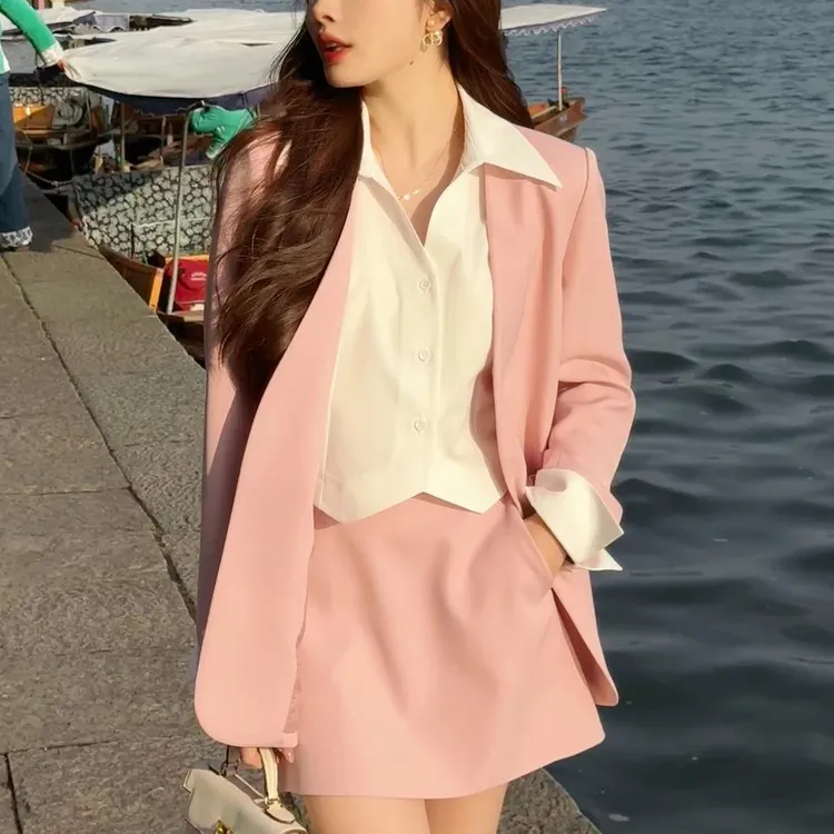 早春假两件拼接西装外套后松紧半身裙两件套韩版职业正装西服套装