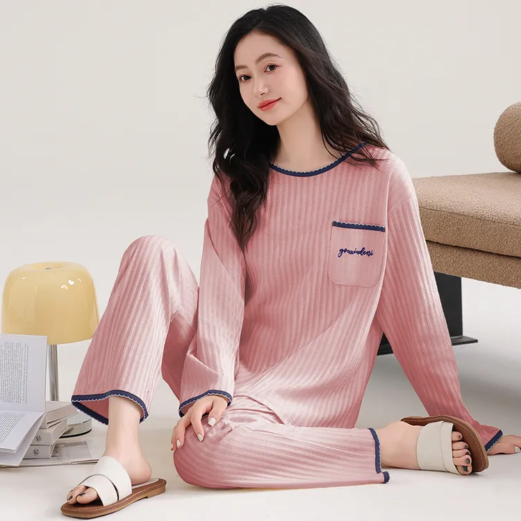 80-180斤双面棉纯棉女士睡衣秋冬家居服小香风气质圆领长裤套装