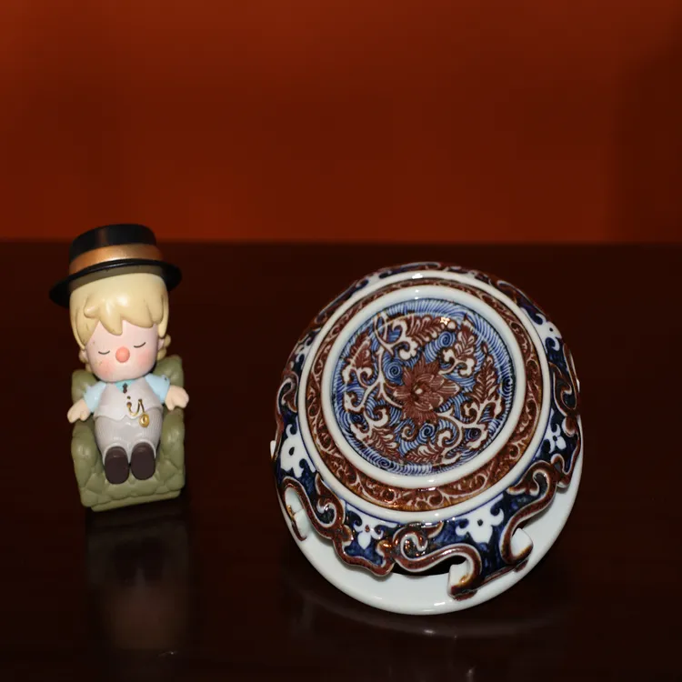 景德镇柴窑青花釉里红海水缠枝莲镂空雕刻盖置杯托非遗传承人作品