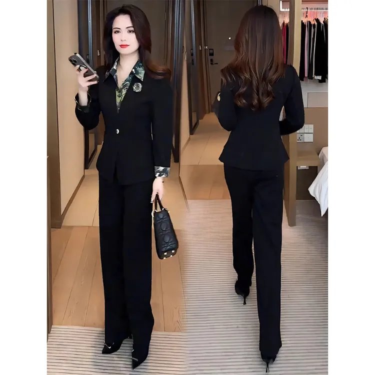 拉夏贝尔洋气质西装套装女2025秋季高级感假两件外套阔腿裤两件套